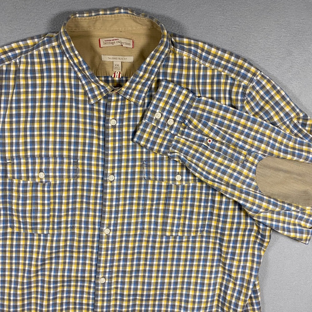 Banana Republic Button Down Mens XXL Blue Yellow Plaid Heritage Elbow Patches